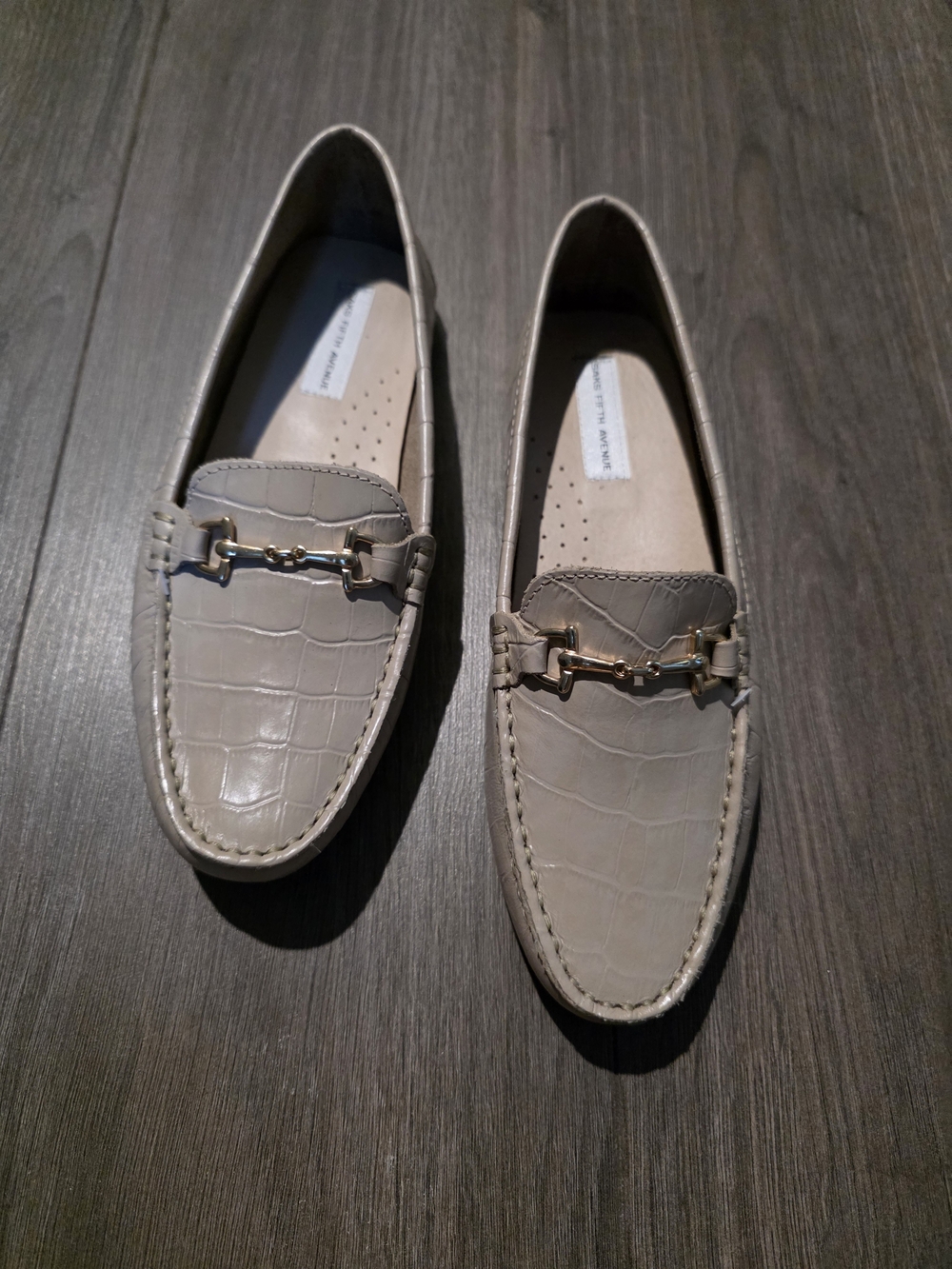 Saks Fifth Avenue Croc-Embossed Taupe Loafers with Gold Bit